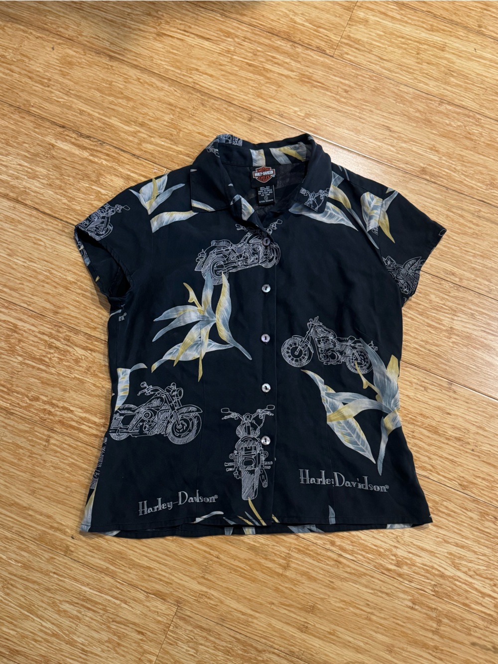 Harley Davidson black floral 100% silk short sleeve Hawaiian button down